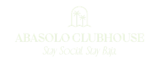 Logotipo para Abasolo Clubhouse: texto con líneas de palmeras en forma de arco y la frase 