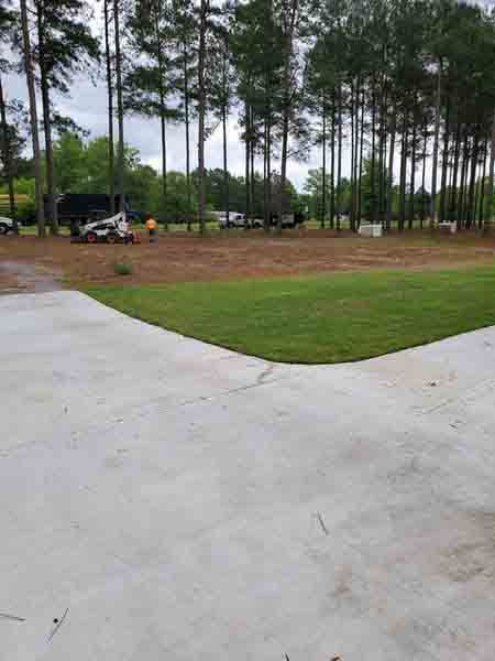 A concrete driveway leading to a lush green field surrounded by trees.