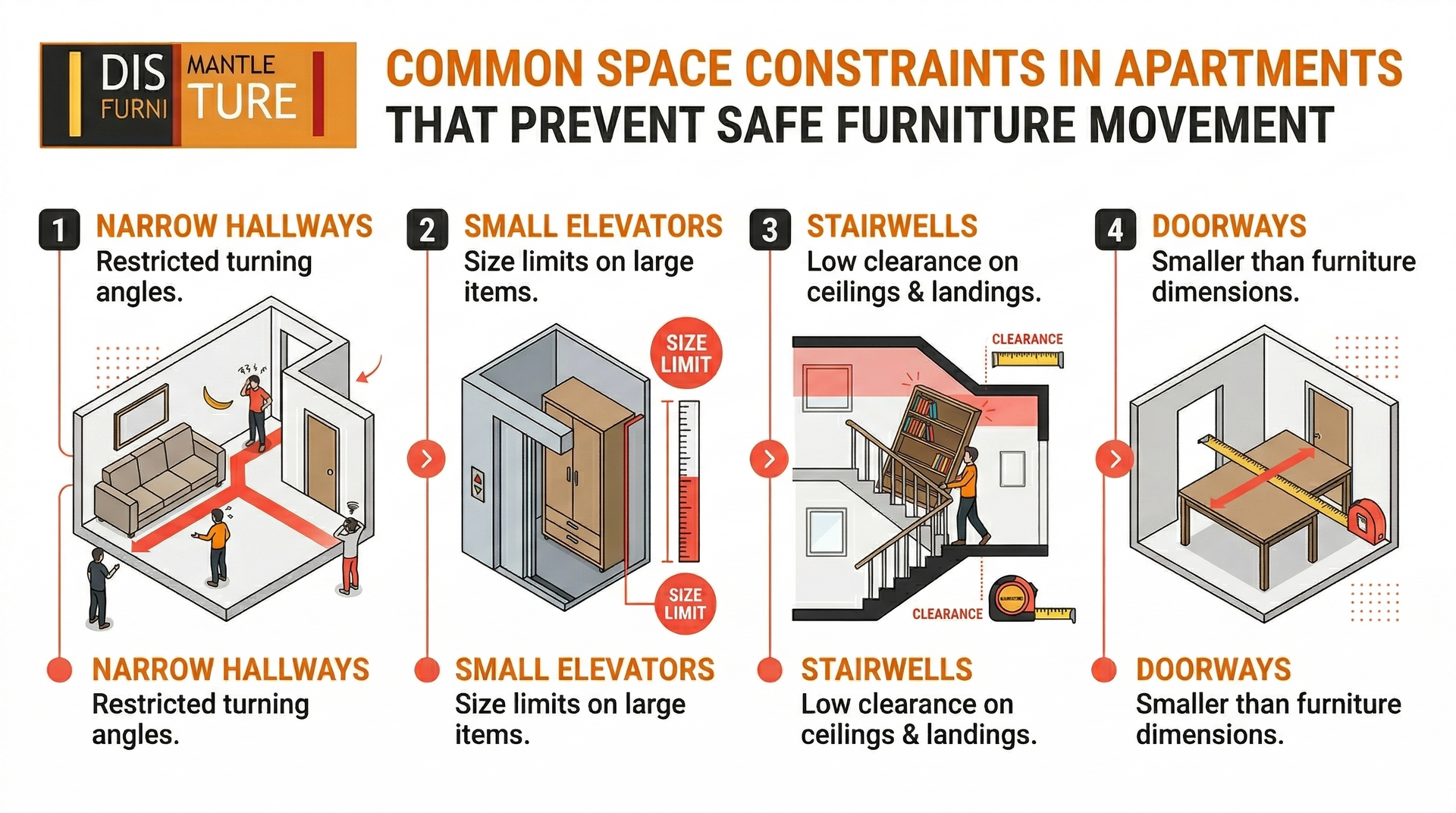 Infographic showing four common apartment space constraints: narrow hallways, small elevators, stairwells, and doorways.