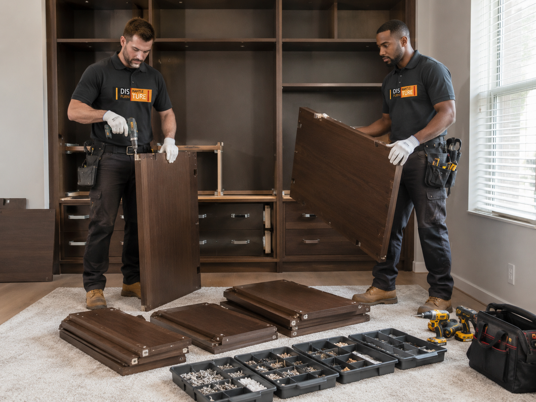 Two workers assembling dark wood shelves in a room, with tools and parts on the floor.