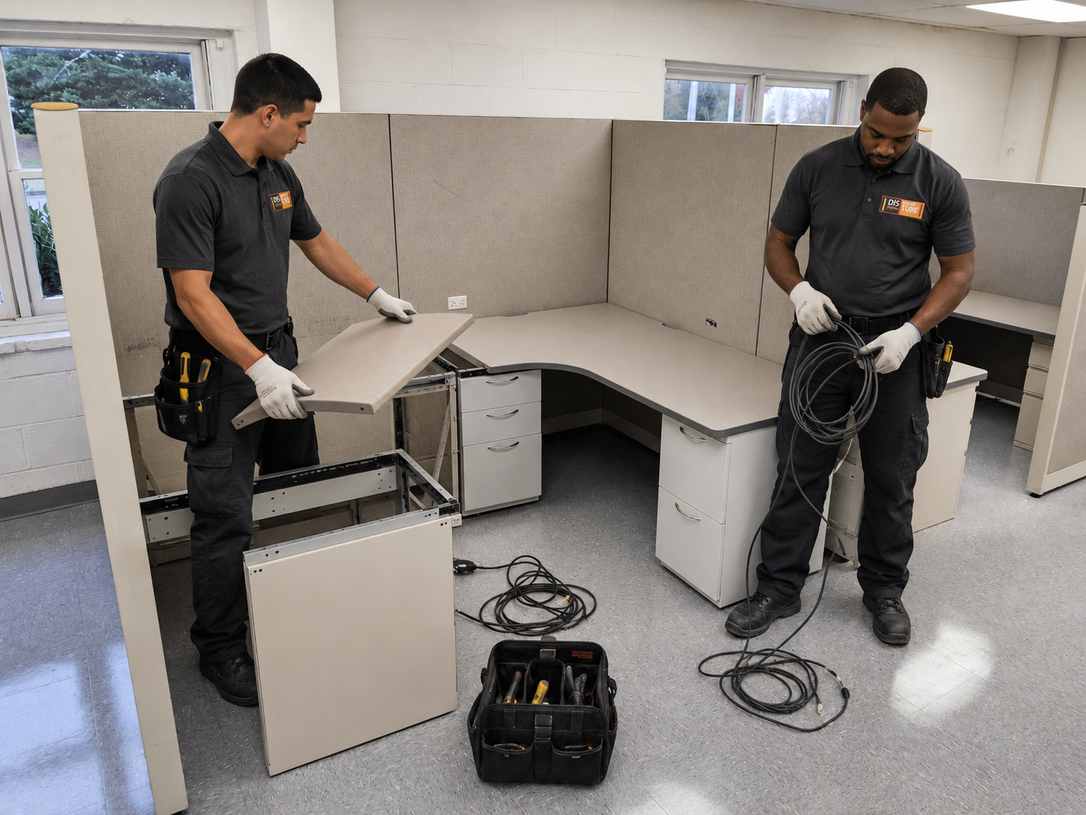 Two workers assembling gray office cubicles, with tools and cables on the floor