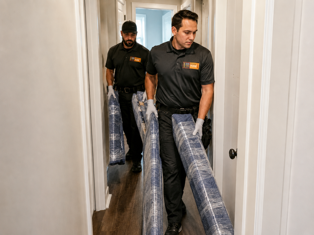 Two men carrying rolled-up carpet through a narrow hallway