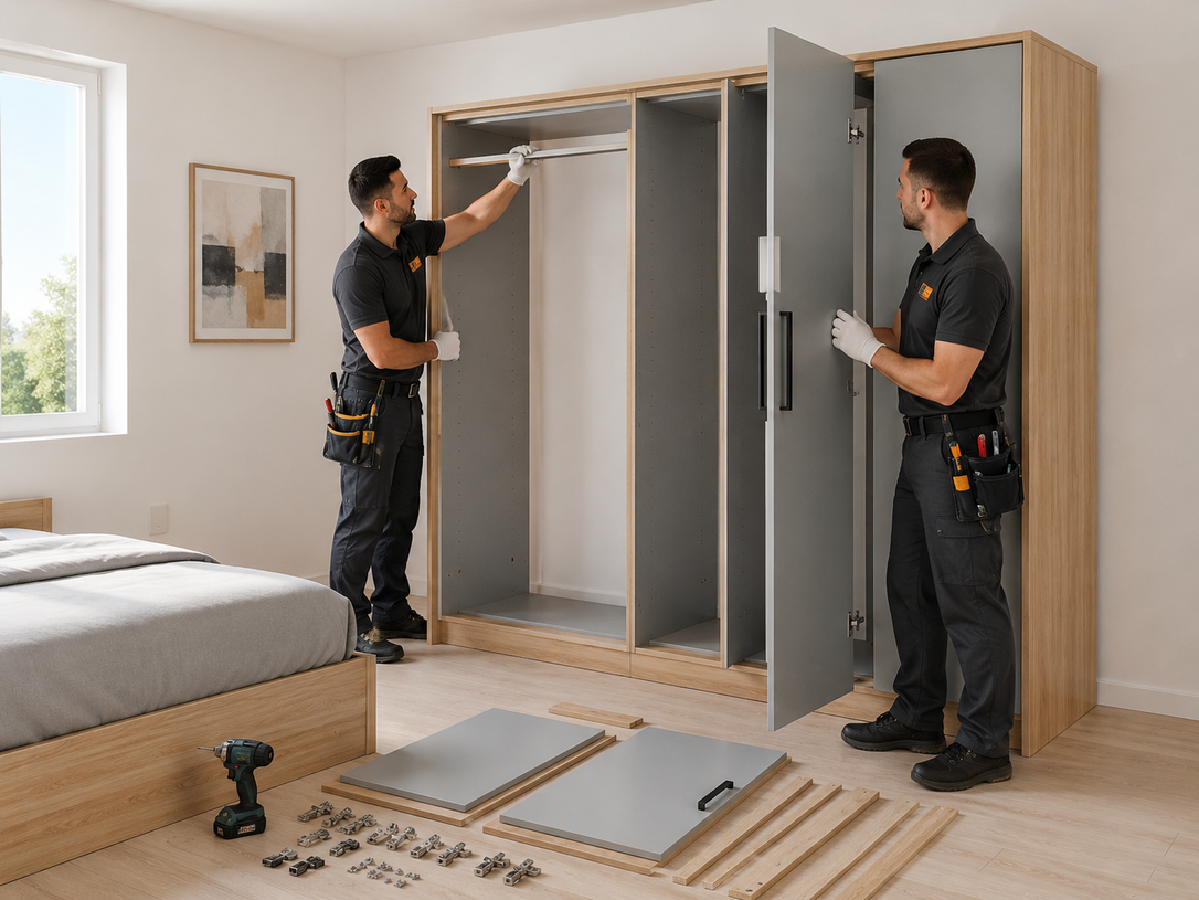 Two installers assembling a gray wardrobe in a bright bedroom, with tools and panels on the floor