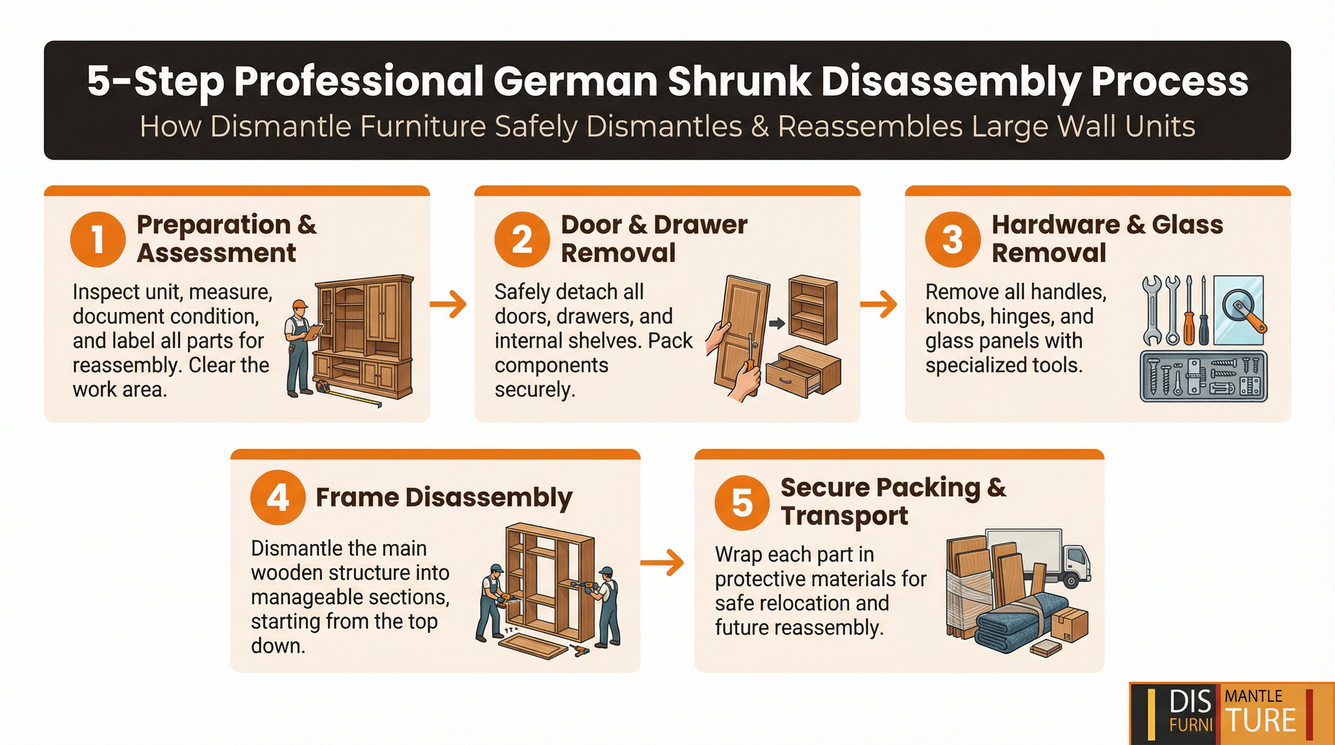 A 5-step German shrink disassembly process. Steps include preparation, door/drawer removal, hardware removal, frame disassembly, and transport.