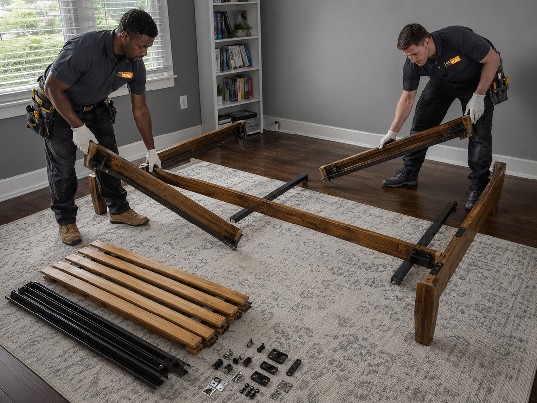 Two workers assembling a wooden bed frame in a room with parts laid out on a carpet.