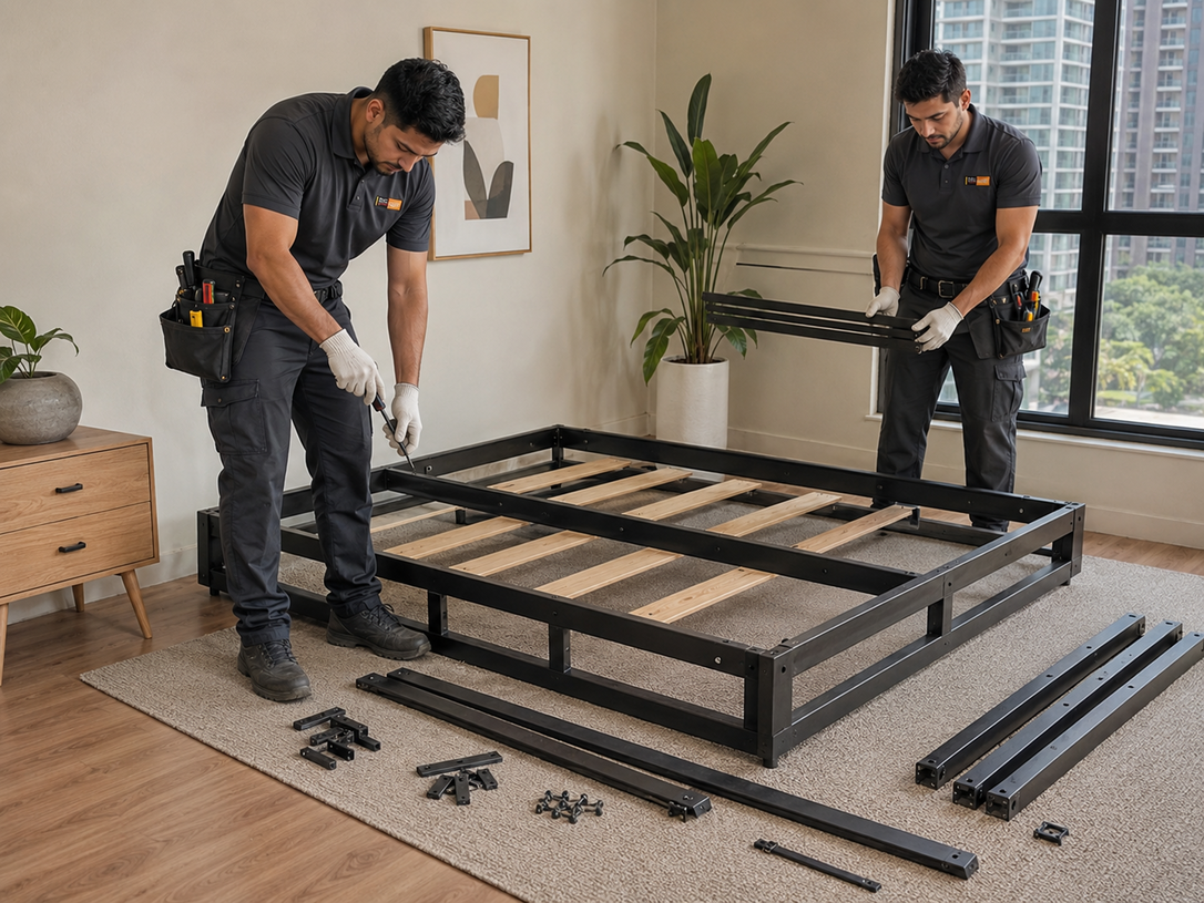 Two workers assembling a black metal bed frame in a bright room with tools and parts on the floor