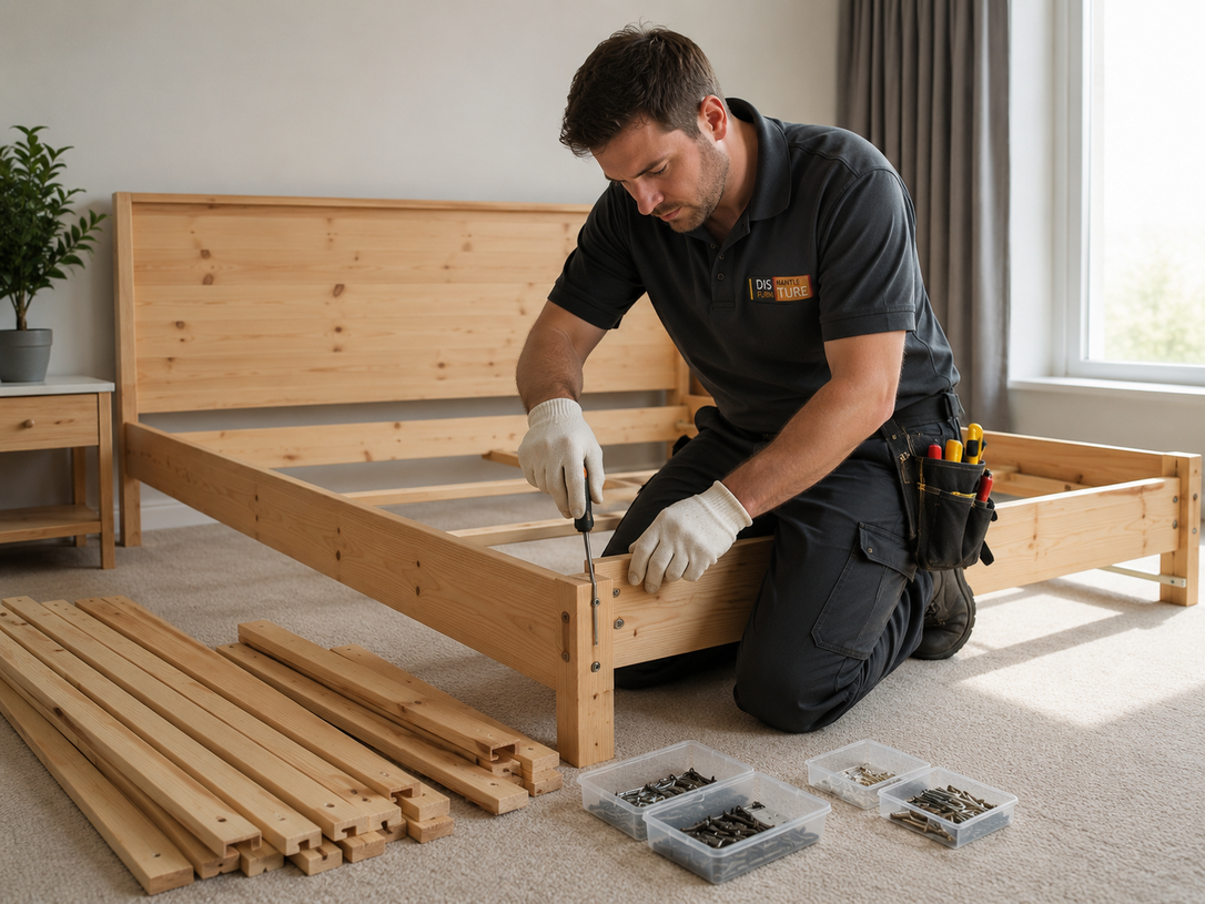 Carpenter assembling a wooden bed frame in a bright room, with tools and wood planks nearby