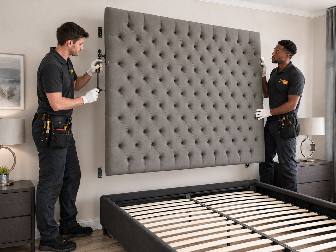 Two workers install a large gray tufted headboard in a bedroom with an unmade bed.