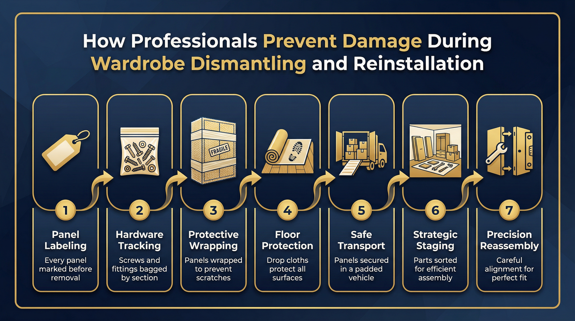 Infographic: Steps to prevent wardrobe damage during dismantling and reinstallation: labeling, hardware packing, protective wrapping, floor protection, safe teamwork, strategic staging, and provisionally reassembly.