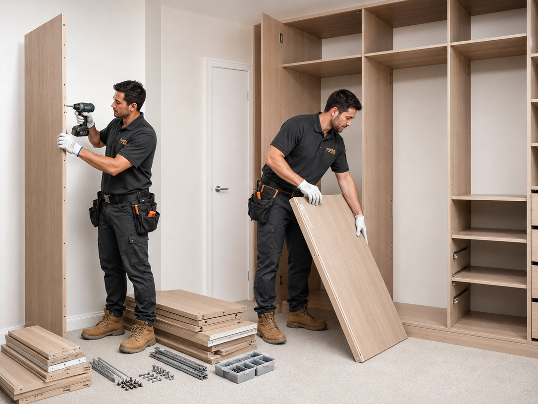 Two installers assembling a large beige wardrobe in a bright room, with shelves and parts on the floor