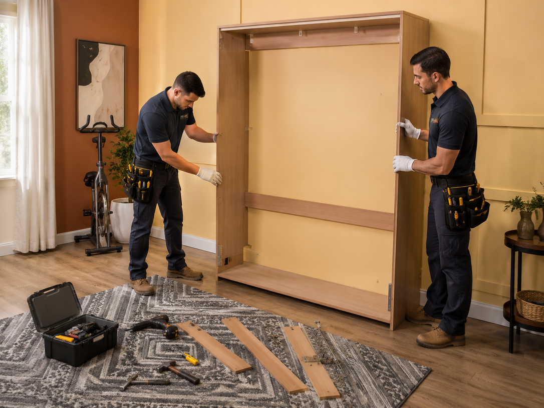 Two installers assembling a large wooden cabinet in a room with tools and parts on the floor