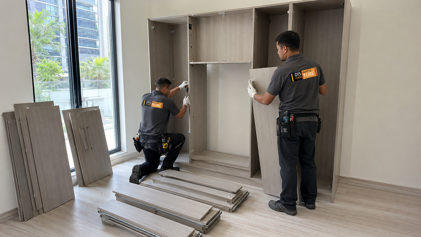 Two workers assembling a white closet in a bright empty room, with panels and tools on the floor.