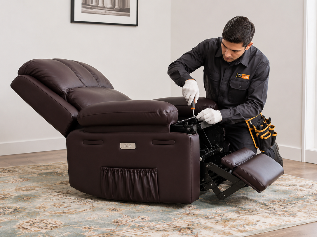 Technician repairing a dark brown recliner chair in a living room