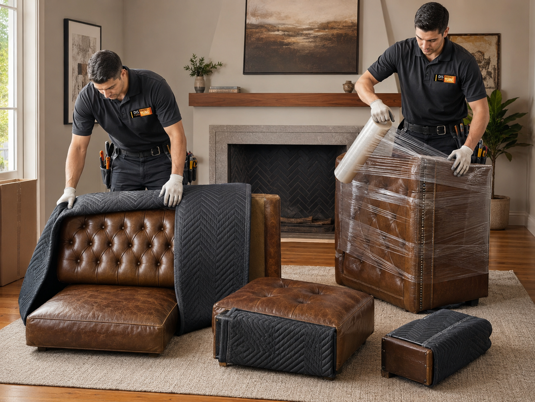 Two movers wrapping leather furniture pieces in protective plastic in a living room