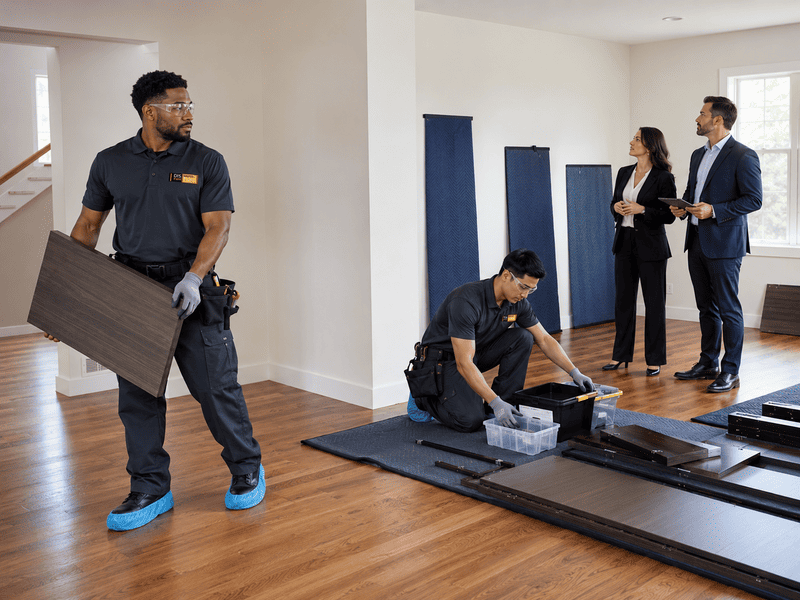 Workers assembling furniture in a bright room while two people watch nearby.