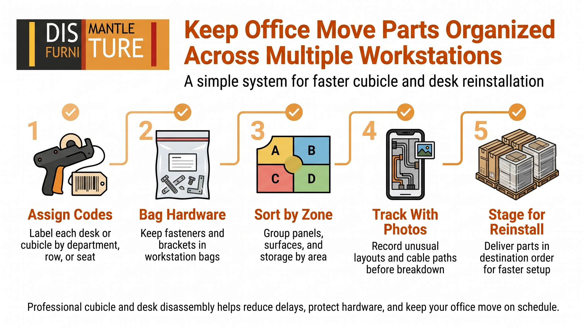 Infographic on keeping office move parts organized with 5 steps across multiple workstations.