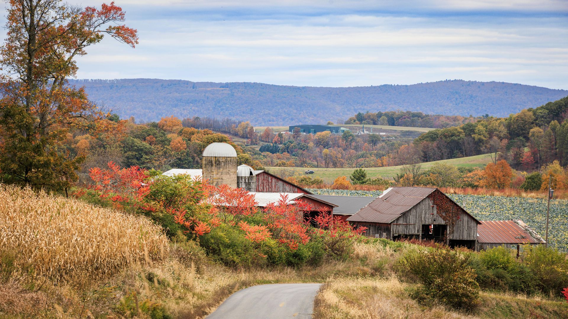 Autumn farm with red barns, silo, and rolling hills under a cloudy sky