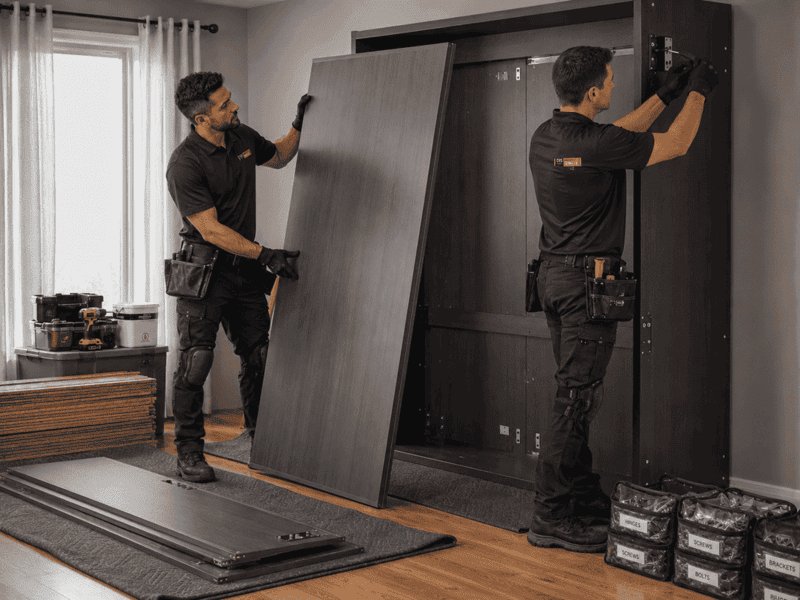 Two installers mounting a dark wood cabinet in a room, with panels stacked on the floor.