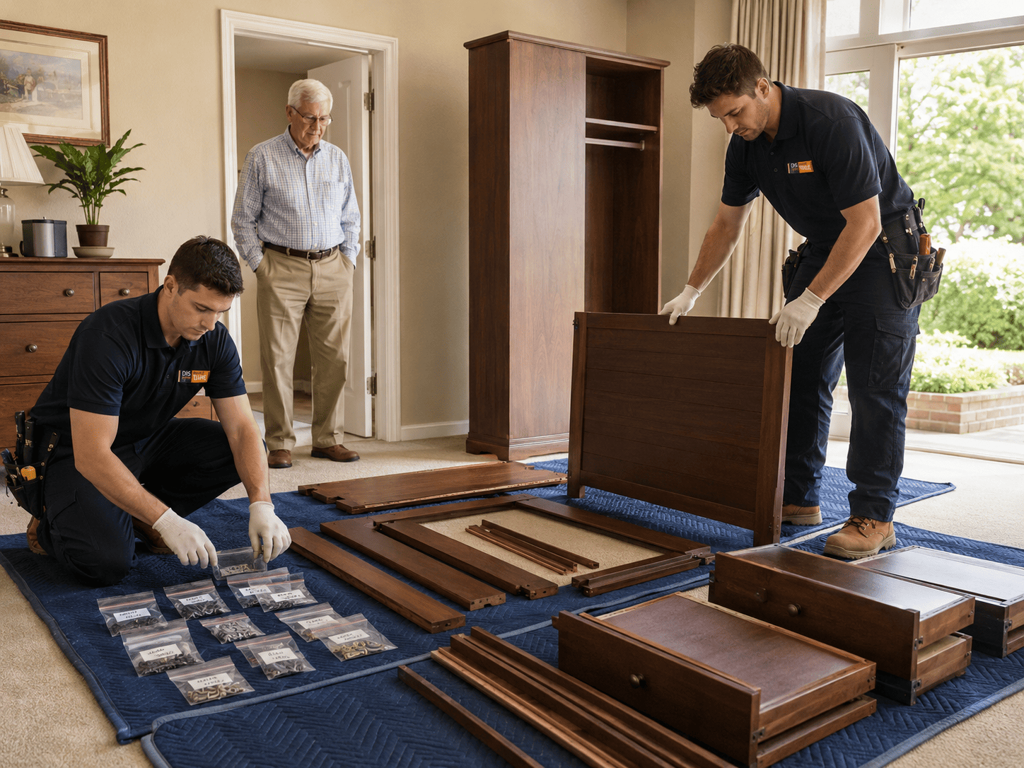Workers assembling furniture in a room while a man watches from the doorway.