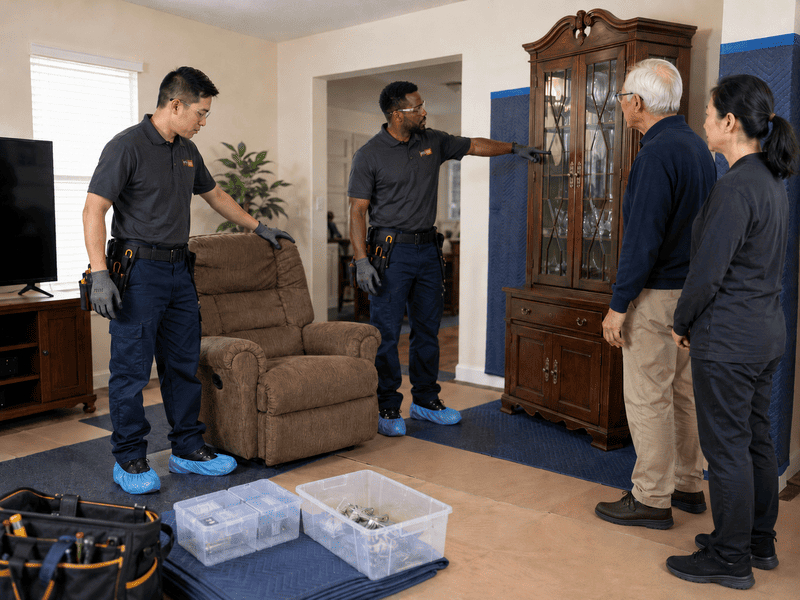 Four people in blue shoe covers inspecting a living room with furniture and storage bins on the floor