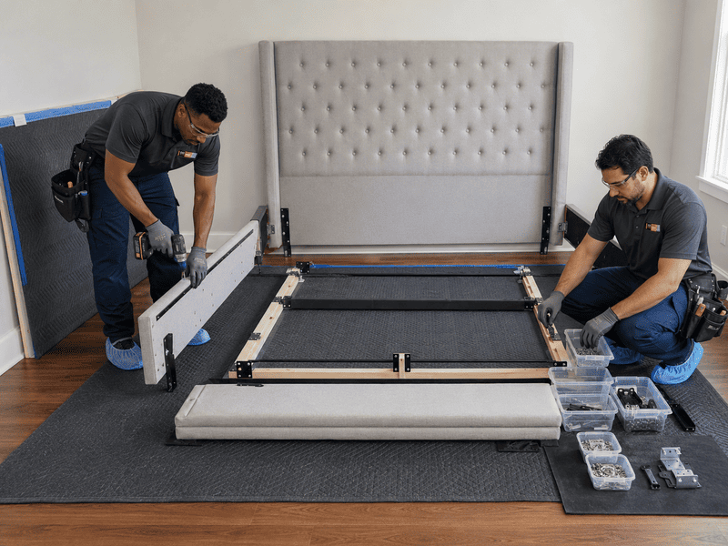 Two workers assembling a gray upholstered bed frame in a room