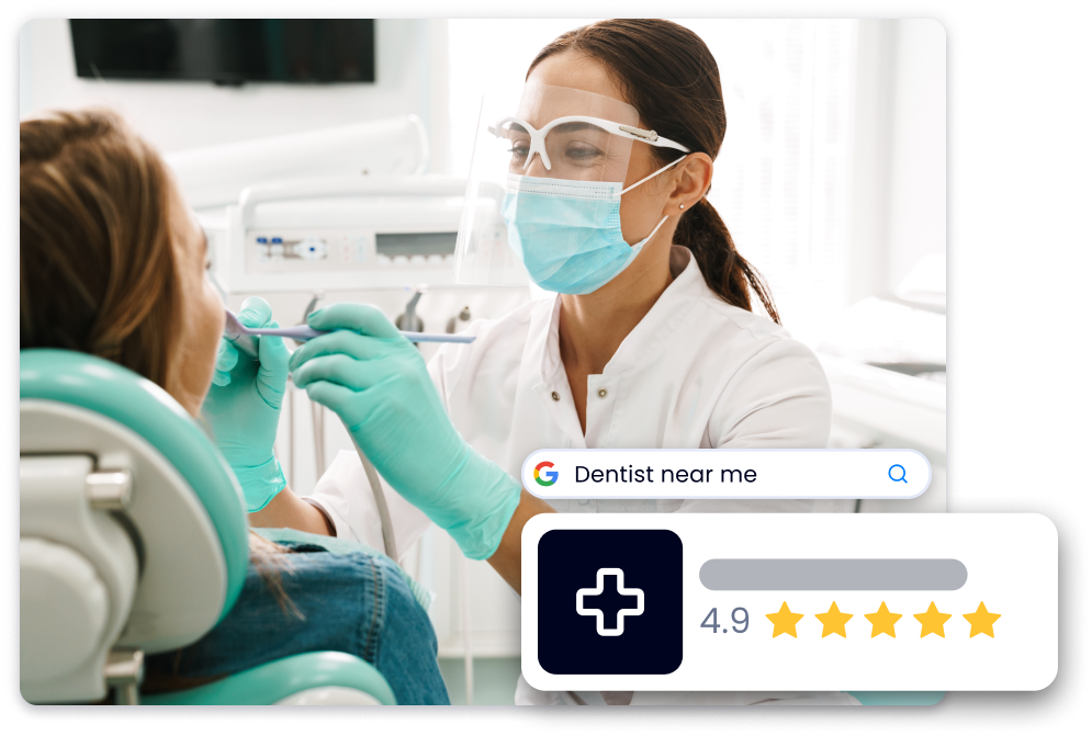 A dentist is examining a patient 's teeth in a dental office.