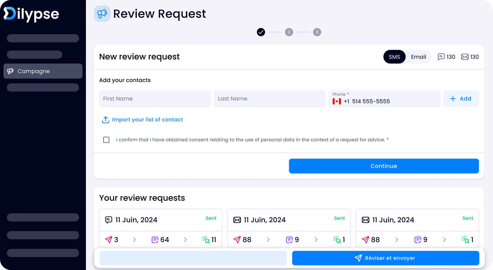 The Dilypse dashboard with a screenshot of a review request on a website.