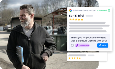 A man with a beard is standing next to a google review.