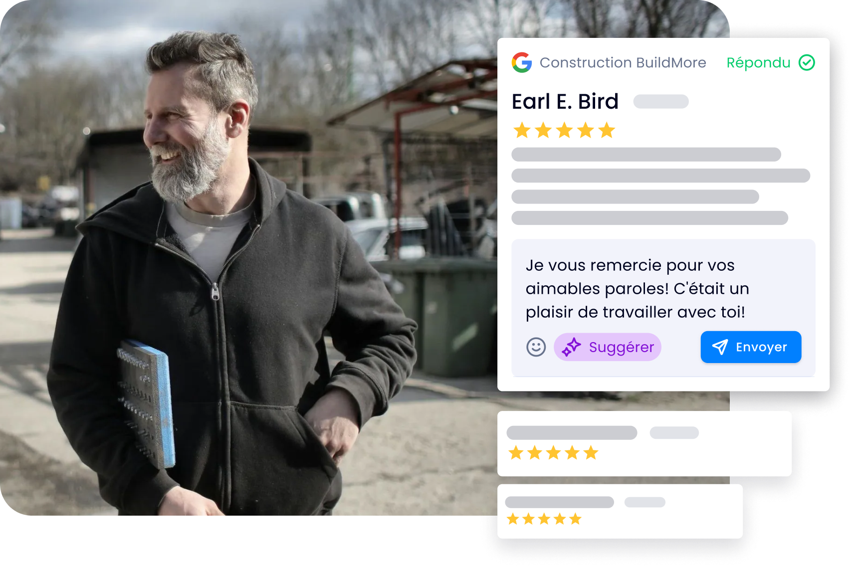 A man with a beard is walking down a street holding a book.