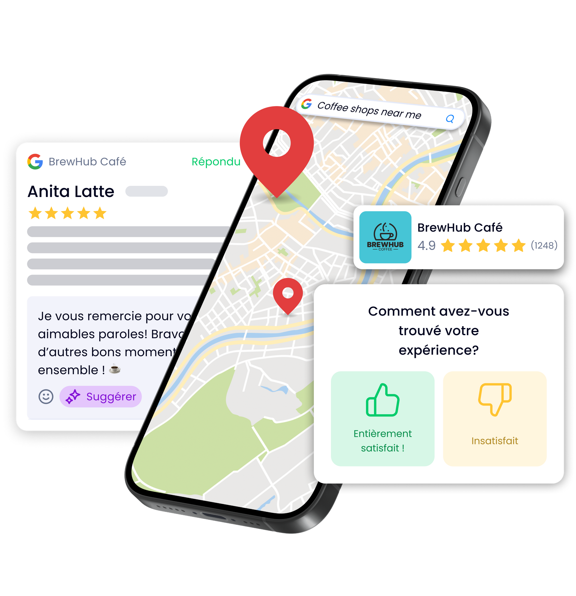 A cell phone with a map on it and reviews request and filtering