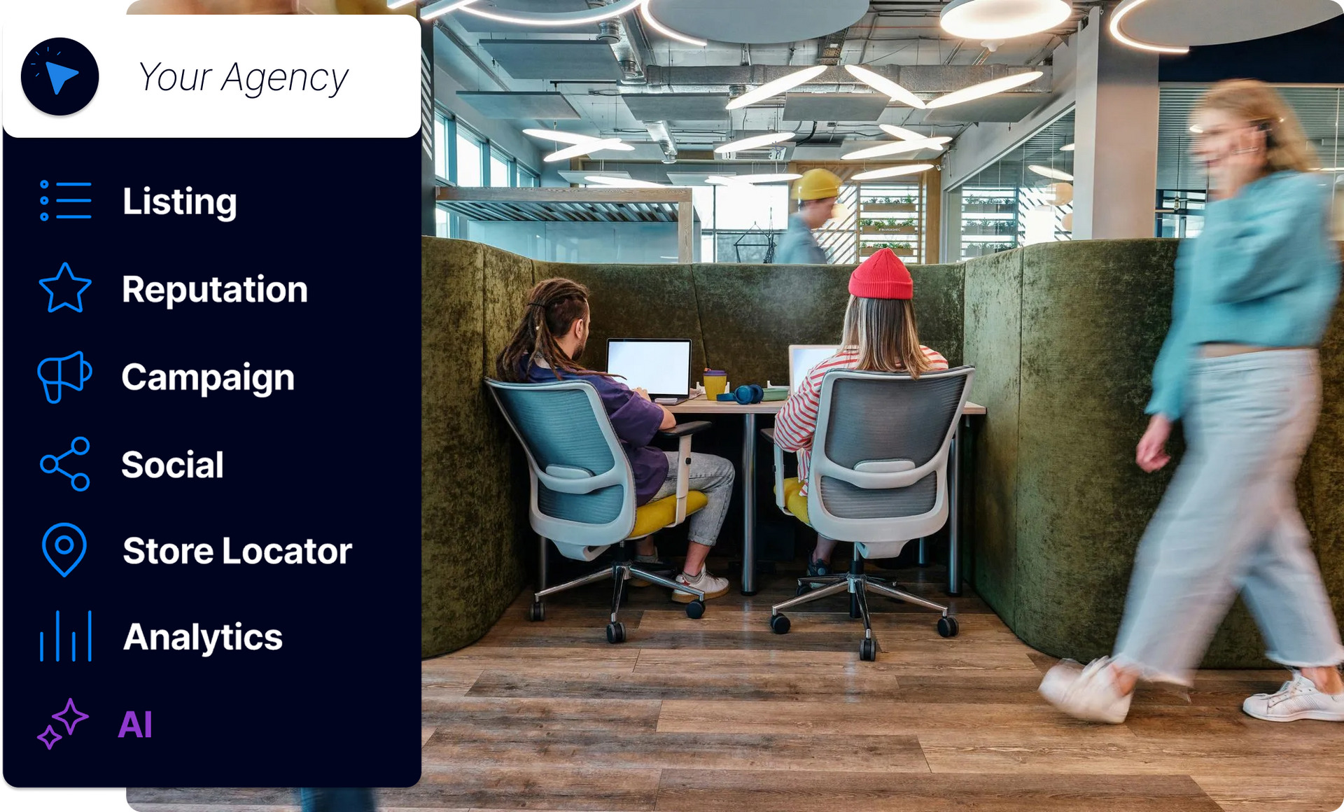 A group of people are sitting at desks in front of computers and a graphic showing the numbers of clics.