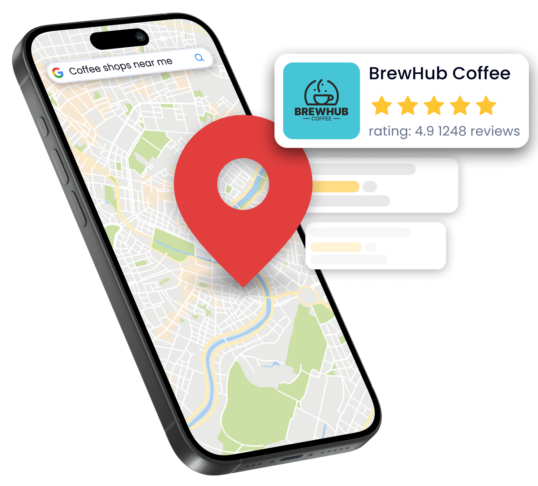 A cell phone with a map and a pin on it with a Google review.