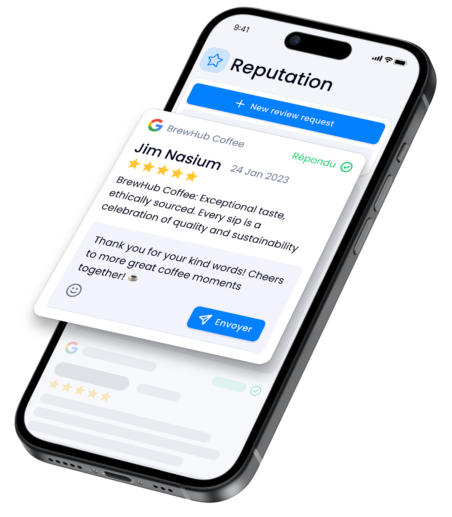 A cell phone with a google review on the screen.