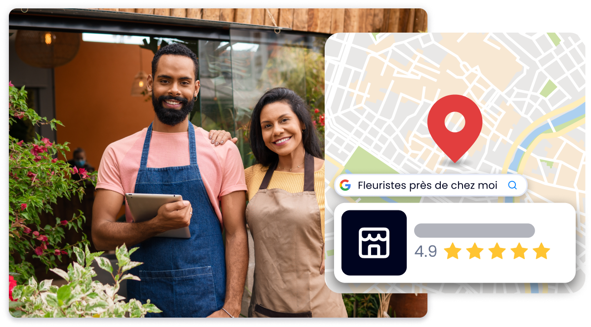 A man and a woman are standing next to each other in front of a restaurant.