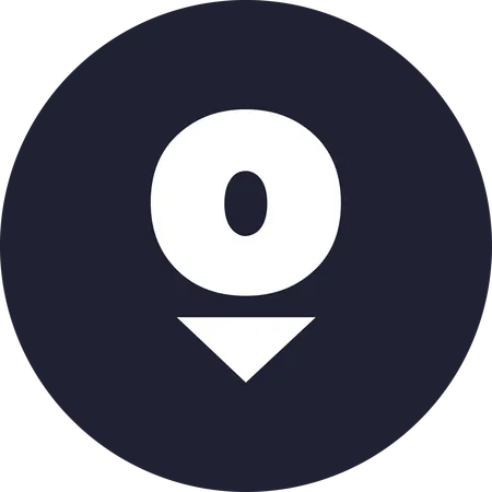 A black circle with a white circle and an arrow pointing down.