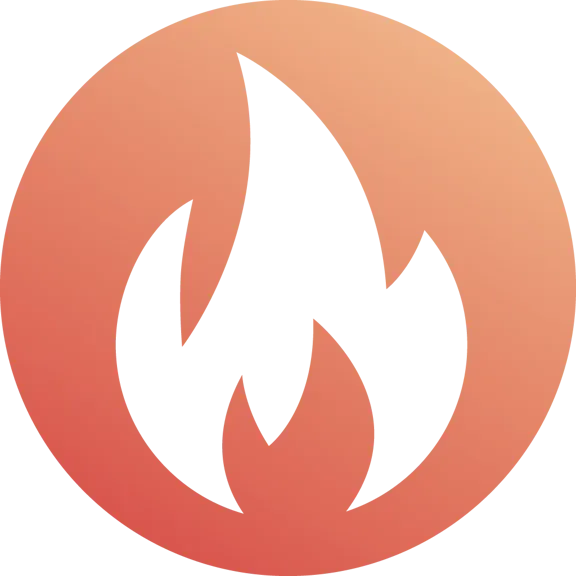 A white flame in a red circle on a white background