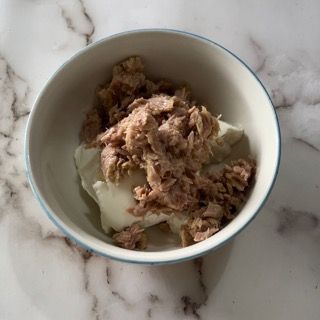 Una ciotola di tonno e yogurt su un tavolo