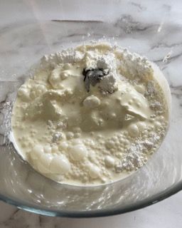 Una ciotola di vetro piena di un liquido bianco e zucchero a velo.