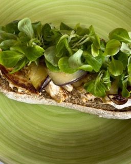 Un primo piano di un panino su un piatto verde