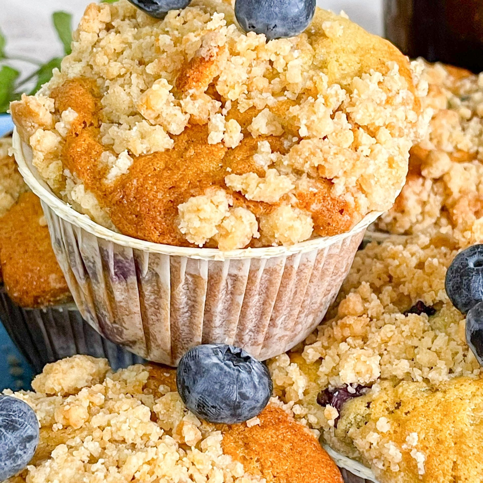 Un primo piano di un muffin con mirtilli sopra.