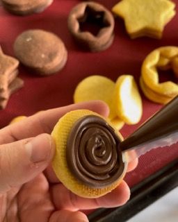 Una persona tiene in mano un biscotto con glassa al cioccolato sopra