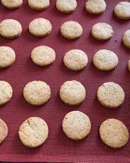 Un mucchio di biscotti sono appoggiati su uno zerbino rosso