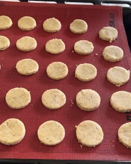 Un mucchio di biscotti sono appoggiati su uno zerbino rosso