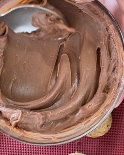 Una ciotola di crema al cioccolato con un cucchiaio dentro.
