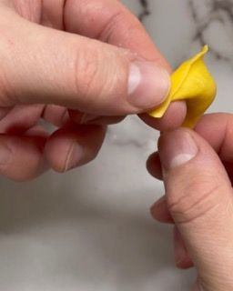 Una persona tiene tra le dita un piccolo oggetto giallo.