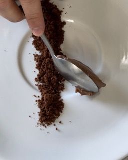 Una persona tiene un cucchiaio sopra un piatto di cioccolato in polvere