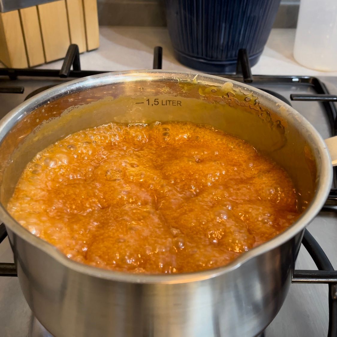 Una pentola di salsa è appoggiata su un fornello con una capacità di 1,0 litri