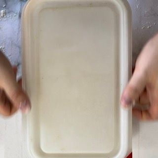 Una persona tiene in mano un contenitore di plastica bianco con un coperchio.