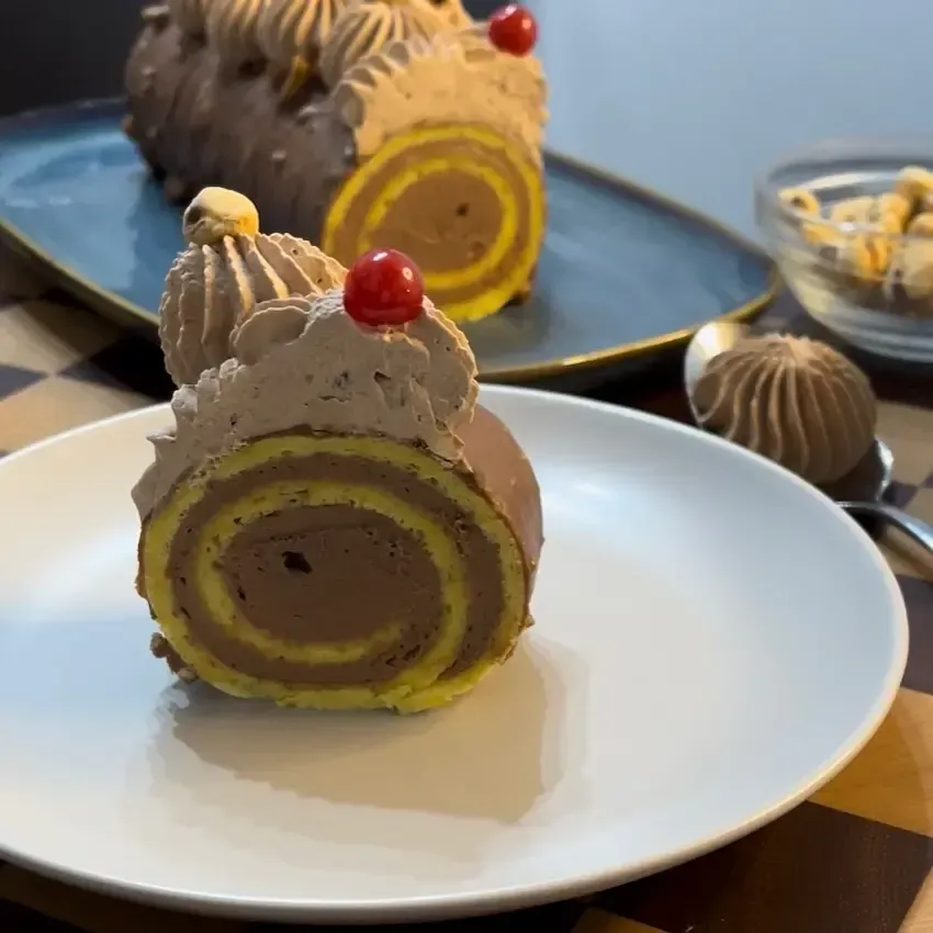 Un primo piano di un rotolo di torta al cioccolato su un piatto.