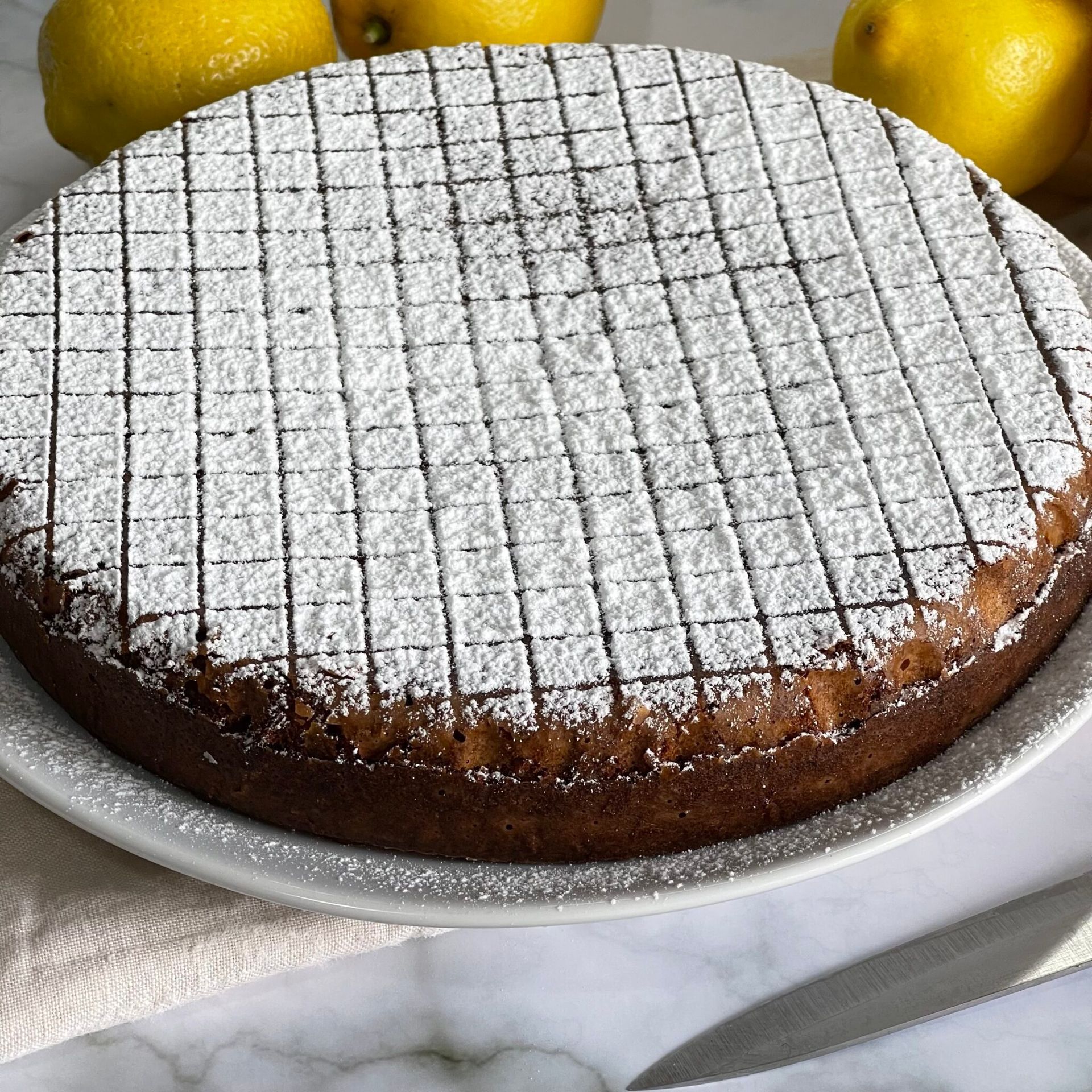 Una torta con zucchero a velo sopra è su un piatto bianco